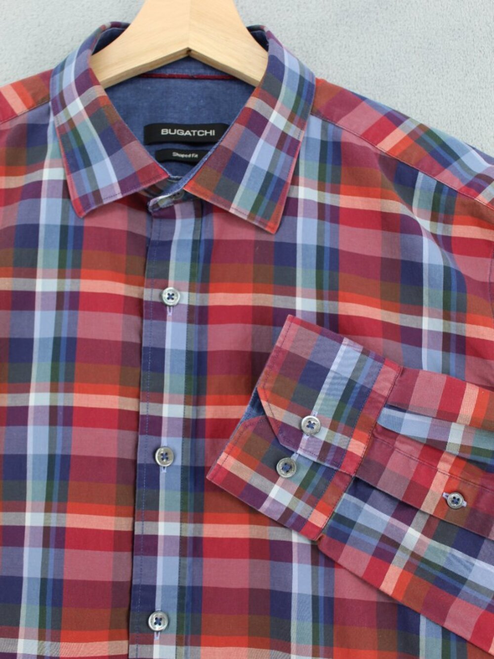 Bugatchi Men’s Shaped Fit Plaid Shirt No Size Tag Red Blue 100% Cotton